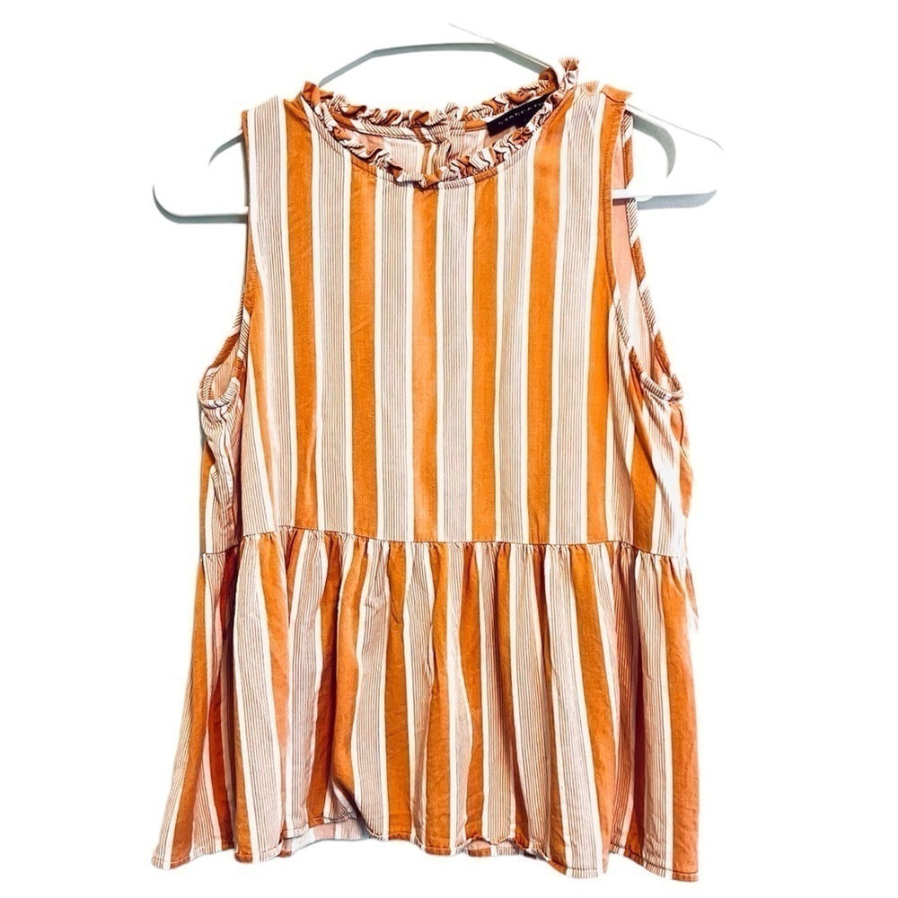 2/$30 Staccato - Peach & White Striped Sleeveless Top Size S Button Back Peplum